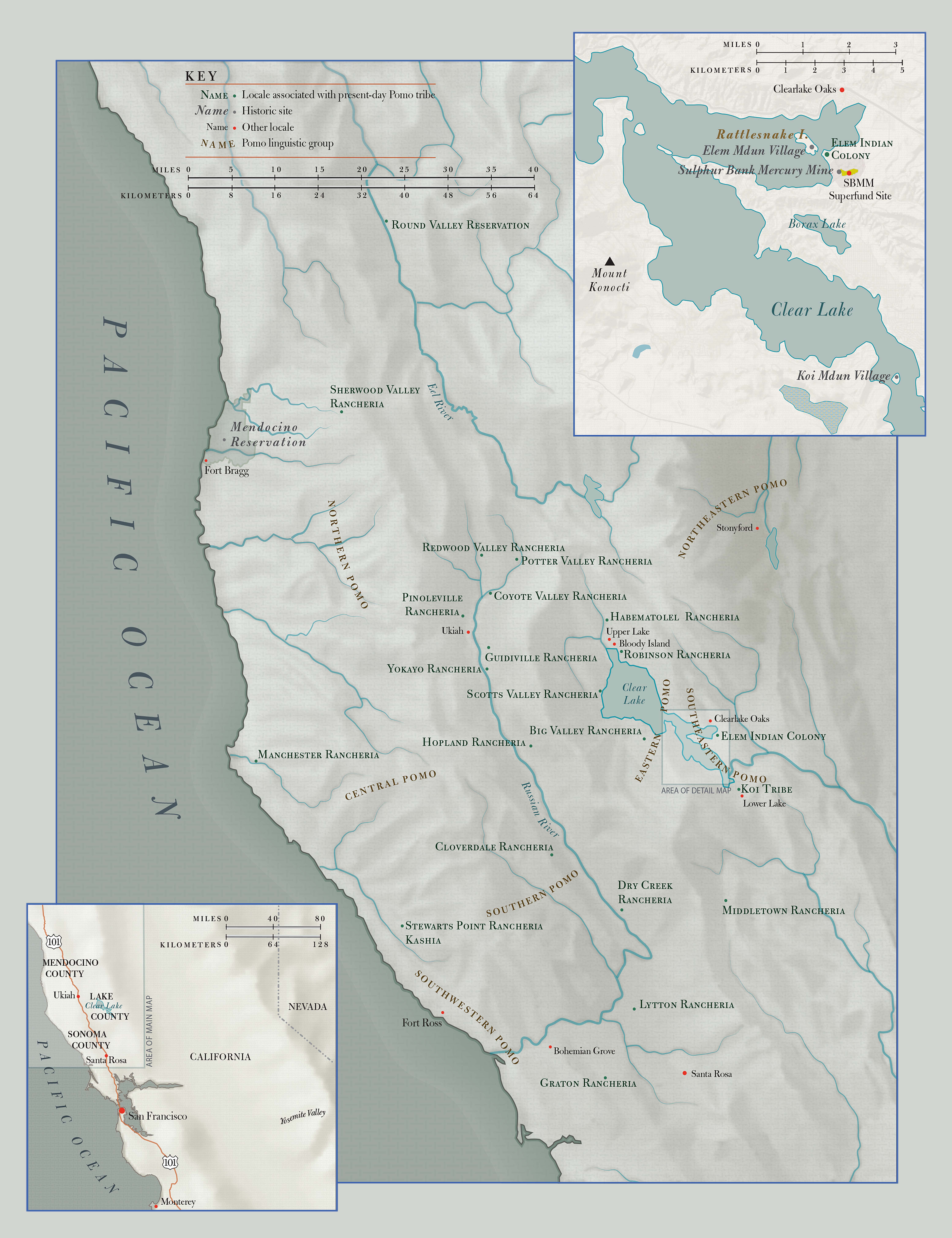 Map of Northern California showing Pomo linguistic groups and present-day Pomo tribes, 2021